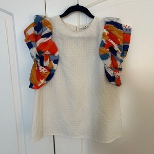 THML White Textured Top with Vibrant and FUN Puff Sleeves